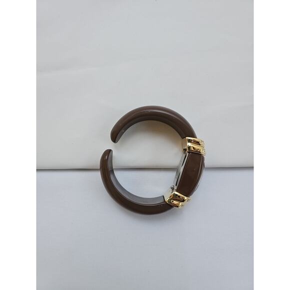 Gruen Womens Wrist Watch Brown Hard Bracelet Band Gold Details White Face Quartz - Picture 3 of 7